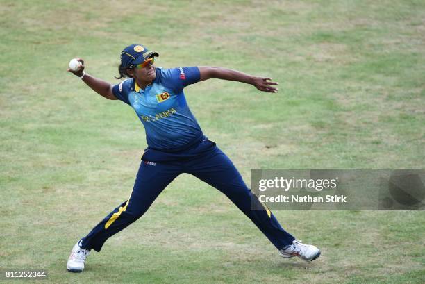 Inoka Ranaweera of Sri Lanka throws the ball during the ICC Women's World Cup 2017 match between West Indies and Sri Lanka at The 3aaa County Ground...