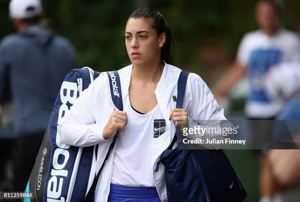 Ana Konjuh of Croatia arrives for a practice session at Wimbledon on July 9, 2017 in London, England.