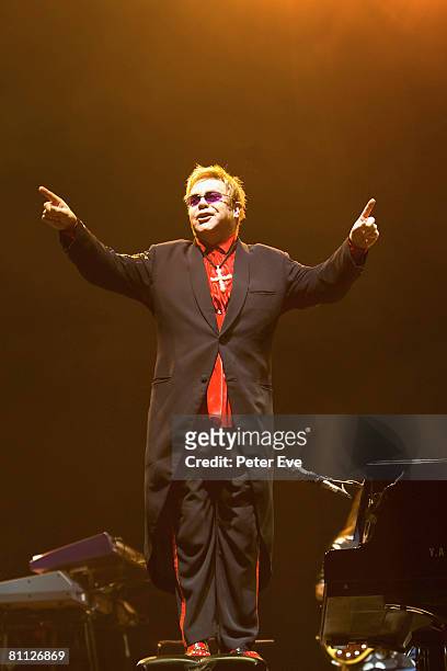 Musician Elton John performs on stage at the TIO Stadium on May 17, 2008 in Darwin, Australia. It is the first time the knighted musician has played...