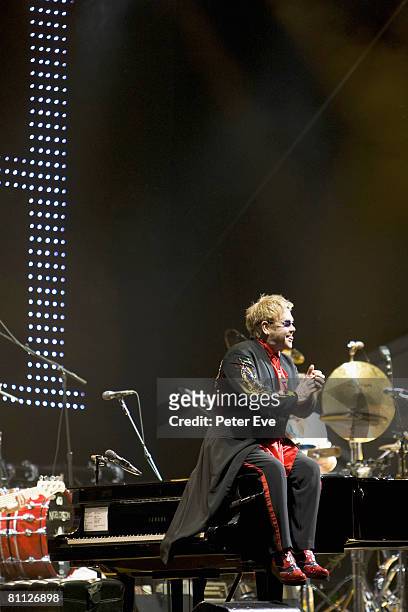 Musician Elton John performs on stage at the TIO Stadium on May 17, 2008 in Darwin, Australia. It is the first time the knighted musician has played...