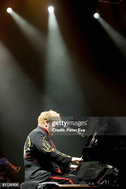 Musician Elton John performs on stage at the TIO Stadium on May 17, 2008 in Darwin, Australia. It is the first time the knighted musician has played...