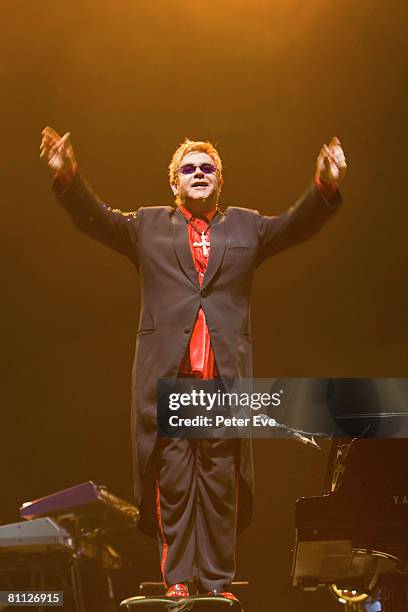 Musician Elton John performs on stage at the TIO Stadium on May 17, 2008 in Darwin, Australia. It is the first time the knighted musician has played...