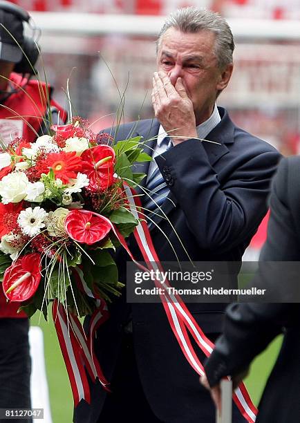 Ottmar Hitzfeld, headcoach of Bayern Munich is seen in front of the Bundesliga match between FC Bayern Munich and Hertha BSC Berlin at the Allianz...