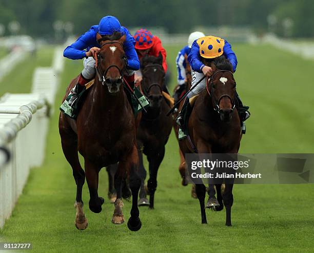 Frankie Dettori and The Godolphon trained Creachadoir land The Juddmonte Lockinge Stakes Race run at Newbury Racecourse on May 17 in Newbury, England.