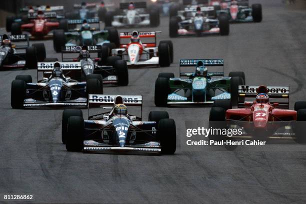 Ayrton Senna, Jean Alesi, Damon Hill, Michael Schumacher, Williams-Renault FW16, Ferrari 412 T1, Grand Prix of Brazil, Interlagos, 27 March 1994.