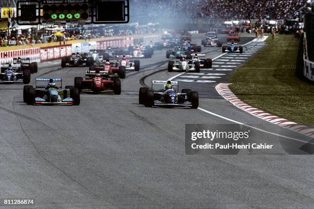 Ayrton Senna, Michael Schumacher, Williams-Renault FW16, Benetton-Ford B194, Grand Prix of Imola, Imola, 01 May 1994.