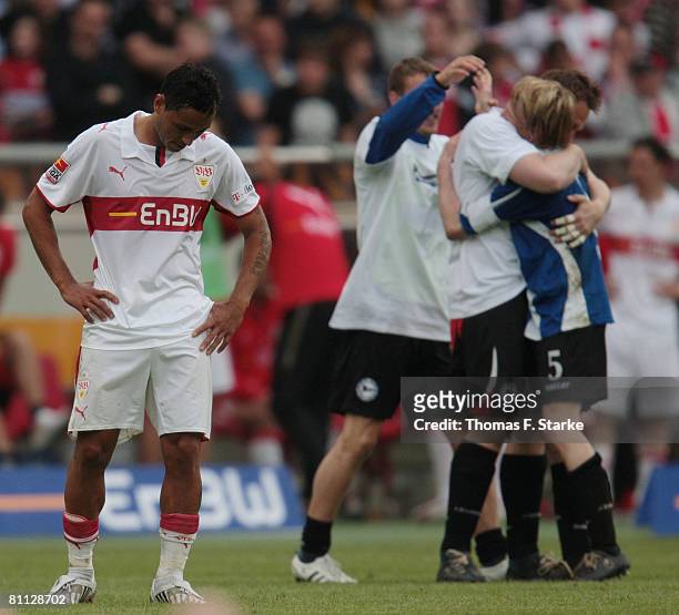 Antonio da Silva of Stuttgart stands dejected on the pitch after the Bundesliga match between VfB Stuttgart and Arminia Bielefeld at the...