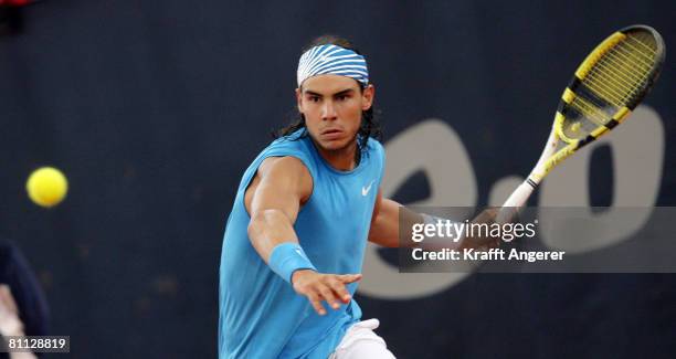 Rafael Nadal of Spain returns during the match againstNovak Djokovic of Serbis during day six of the Tennis Masters Series Hamburg at Rothenbaum...