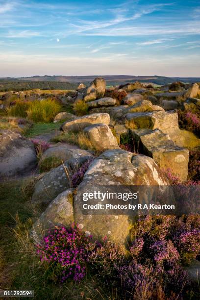 the moon rising at baslow edge, peak district, derbyshire - baslow stock pictures, royalty-free photos & images