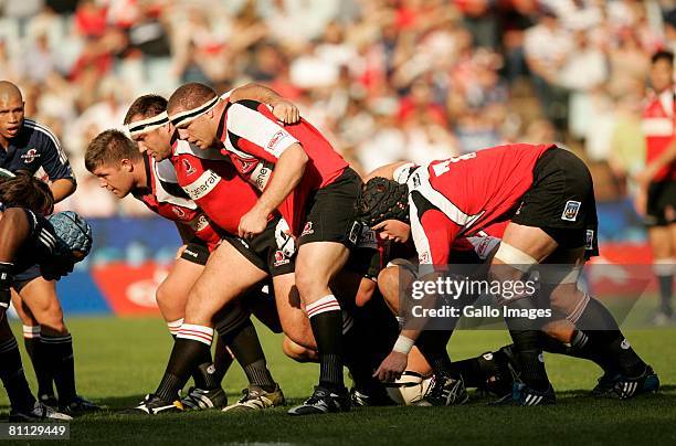 Lions pack with JC Janse van Rensburg, Willie Wepener, Heinke van der Merwe and Joe van Niekerk during the Super 14 match between Lions and the...