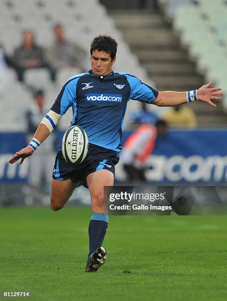 Morne Steyn of the Blues kicks the ball during the Super 14 match between the Cheetahs and Blue Bulls held at Vodacom Park on May 17, 2008 in...