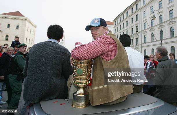 Oliver Kahn of Bayern Munich looks on during a car convoy at Leopold Street during the Bundesliga match between FC Bayern Munich and Hertha BSC...