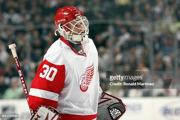 Goalie Chris Osgood of the Detroit Red Wings looks on against the Dallas Stars during game three of the Western Conference Finals of the 2008 NHL...