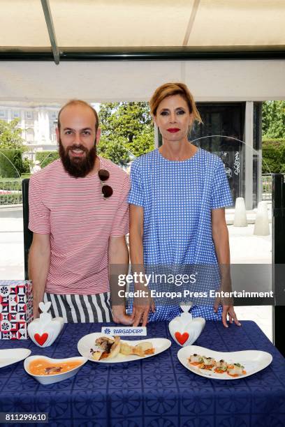 Agatha Ruiz de la Prada and her son Tristan Ramirez de la Prada present the Sargadelos dinnerware set handmade by Agatha Ruiz de la Prada firm at...