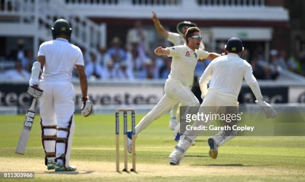 Liam Dawson of England celebrates dismissing Hashim Amla of South Africa during the 4th day of the 1st Investec Test between England and South Africa...