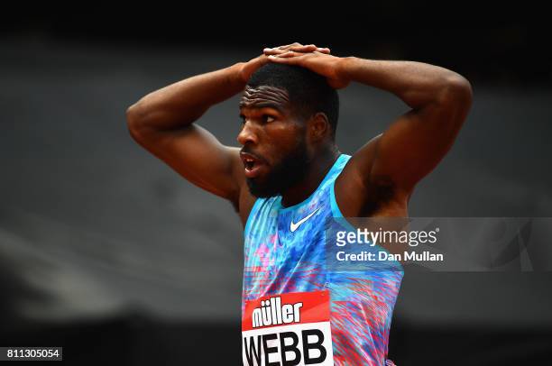 Ameer Webb of the United States reacts after winning the Men's 200m race during the Muller Anniversary Games at London Stadium on July 9, 2017 in...