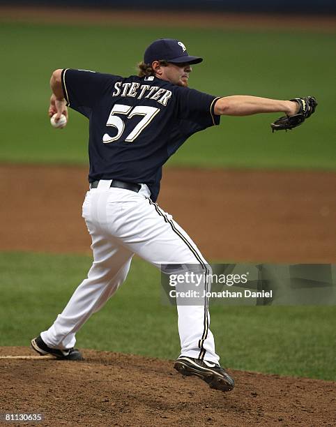 Mitch Stetter of the Milwaukee Brewers throws the ball against the Los Angeles Dodgers on May 15, 2008 at Miller Park in Milwaukee, Wisconsin. The...