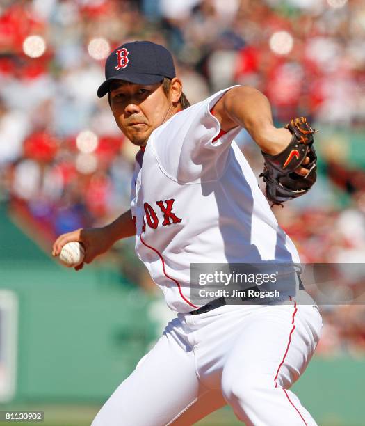 Daisuke Matsuzaka of the Boston Red Sox throws against the Milwaukee Brewers in the first inning at Fenway Park on May 17, 2008 in Boston,...