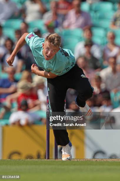 Sam Curran of Surrey bowls during the NatWest T20 Blast match at The Kia Oval on July 9, 2017 in London, England. .