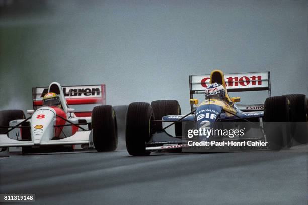 Ayrton Senna, Alain Prost, McLaren-Ford MP4/8, Williams-Renault FW15C, Grand Prix of Europe, Donington Park, 11 April 1993.
