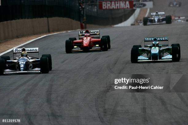 Ayrton Senna-Schumacher, Williams-Renault FW16, Benetton B194, Grand Prix of Brazil, Interlagos, 27 March 1994.