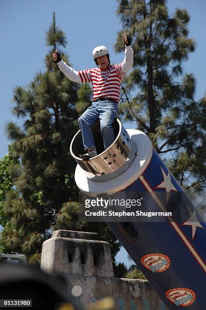 Human cannonball performs at the opening of "The Simpsons" Ride at Universal Studios May 17, 2008 in Universal City, California.
