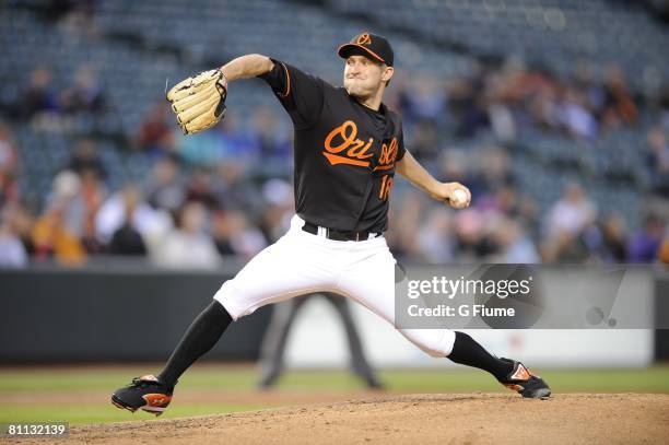 Garrett Olson of the Baltimore Orioles pitches against the Washington Nationals on May 16, 2008 at Camden Yards in Baltimore, Maryland.