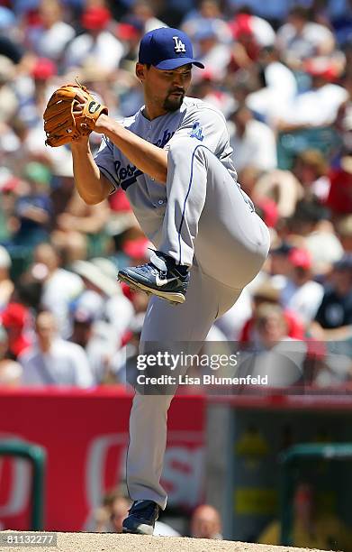 Chan Ho Park of the Los Angeles Dodgers pitches against the Los Angeles Angels of Anaheim at Angels Stadium on May 17, 2008 in Anaheim, California.