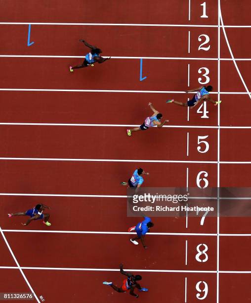 Aries Merritt of The United States wins the mens 100m final during the Muller Anniversary Games at London Stadium on July 9, 2017 in London, England.