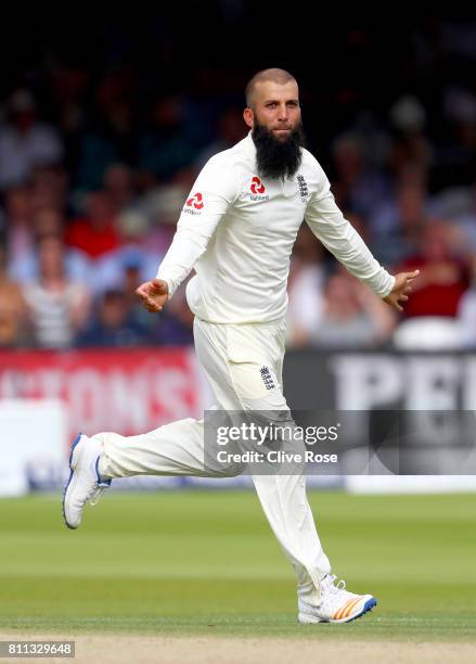 Moeen Ali of England celebrates the wicket of Theunis de Bruyn of South Africa on day four of the 1st Investec Test match between England and South...