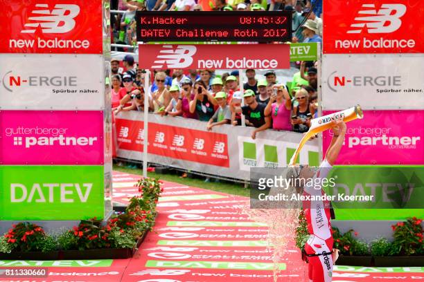 Daniela Ryf of Switzerland celebrates her first place of the DATEV Challenge Roth 2017 on July 9, 2017 in Roth, Germany. 5000 athletes are competing...