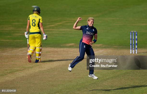 England bowler Kathryn Brunt celebrates after bowling Alex Blackwell during the ICC Women's World Cup 2017 match between England and Australia at The...