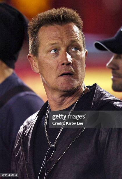 Actor Robert Patrick, who played T-1000 in Terminator 2 Judgment Day, watches from the sidelines during football game between Notre Dame and USC at...