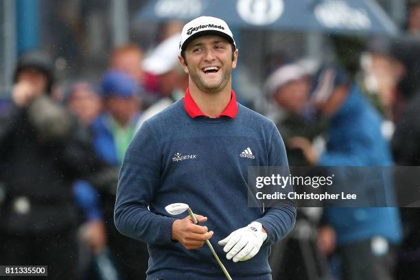 Jon Rahm of Spain reacts to nearly chipping in on the 18th green during the final round of the Dubai Duty Free Irish Open at Portstewart Golf Club on...