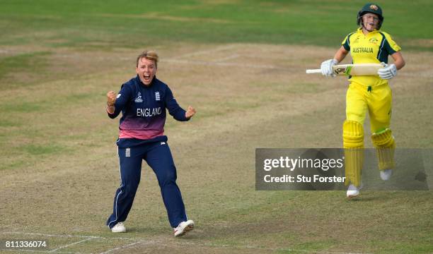 England bowler Danielle Hazell celebrates after dismissing Alyssa Healy during the ICC Women's World Cup 2017 match between England and Australia at...