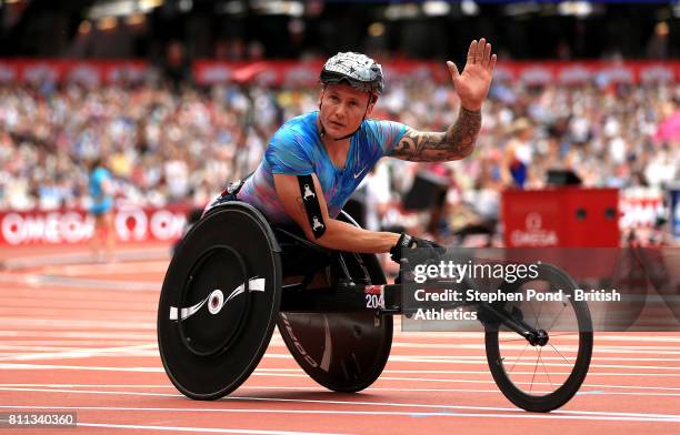 David Weir of Great Britain celebrates victory in the Men's T54 800m during the Muller Anniversary Games on July 9, 2017 in London, England.