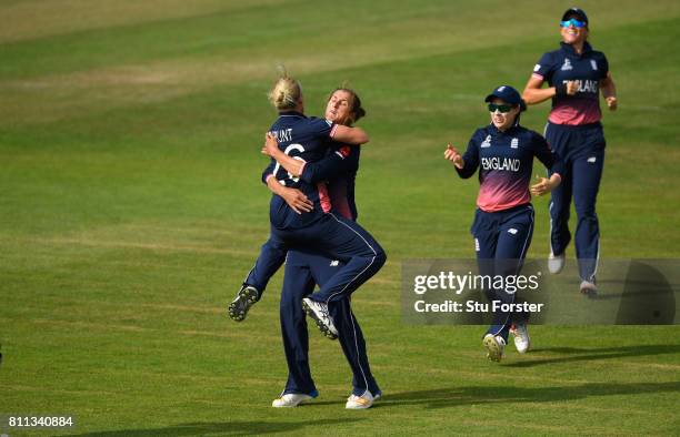 England bowler Jenny Gunn celebrates with Kathryn Brunt after Brunt had caught out Ashleigh Gardner during the ICC Women's World Cup 2017 match...