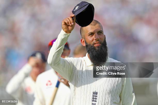 Moeen Ali of England raises his cap as he leaves the field after England win the1st Investec Test match between England and South Africa at Lord's...