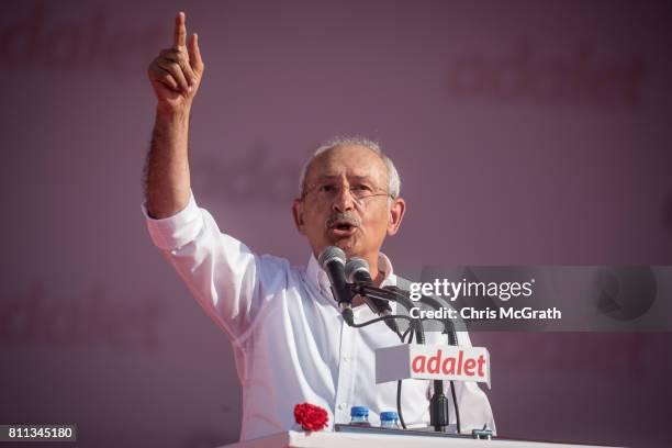 Turkey's main opposition Republican People's Party leader Kemal Kilicdaroglu speaks on stage to thousands of supporters during the "Justice Rally" on...