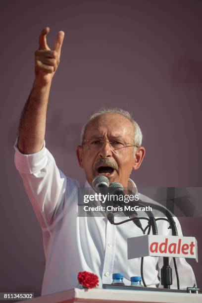 Turkey's main opposition Republican People's Party leader Kemal Kilicdaroglu speaks on stage to thousands of supporters during the "Justice Rally" on...