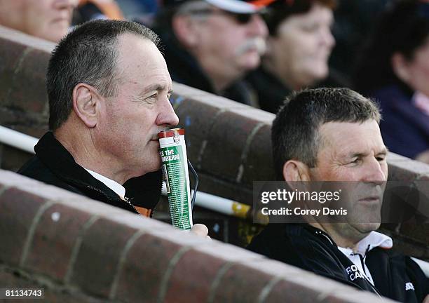 Tigers coach Tim Sheens and assistant coach Royce Simmons look on ahead of the round 10 NRL match between the Newcastle Knights and the Wests Tigers...