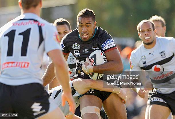 Frank Pritchard of the Panthers takes a hit up during the round 10 NRL match between the Penrith Panthers and the Warriors at CUA Stadium on May 18,...
