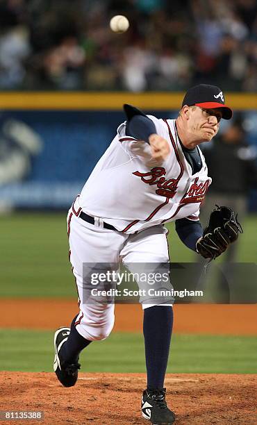 Phil Stockman of the Atlanta Braves pitches against the Oakland Athletics at Turner Field on May 17, 2008 in Atlanta, Georgia. The Athletics defeated...