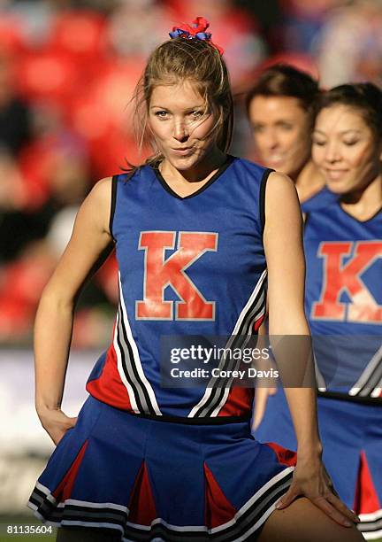 Knights cheerleaders perform ahead of the round 10 NRL match between the Newcastle Knights and the Wests Tigers at EnergyAustralia Stadium on May 18,...