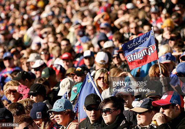 Sun soaked crowd watches play during the round 10 NRL match between the Newcastle Knights and the Wests Tigers at EnergyAustralia Stadium on May 18,...