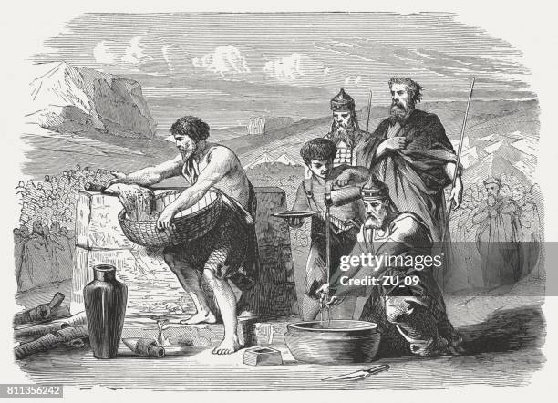 water of purification (numbers 19, 9), wood engraving, published 1886 - moses religious figure stock illustrations