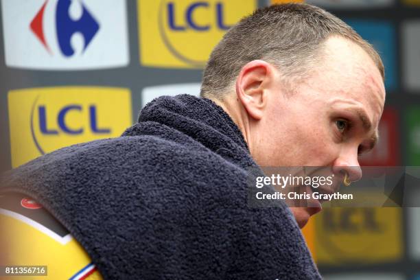 Christopher Froome of Great Britain riding for Team Sky in the leader's jersey cools down following stage 9 of the 2017 Le Tour de France, a 181.5km...