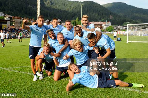 Lazio players celebrate the victory of the game in the family match during the SS Lazio Training Camp - Day 1 on July 9, 2017 in Rome, Italy.