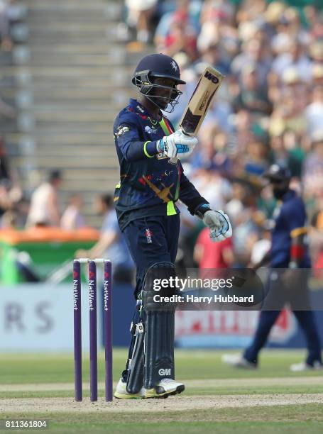 Daniel Bell-Drummond of Kent Spitfires celebrates his half century during the Natwest T20 Blast match between Kent Spitfires and Essex Eagles at The...