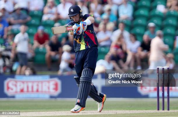 Sam Billings of Kent in batting action during the Kent Spitfires v Essex Eagles - NatWest T20 Blast cricket match at the County Ground on July 09,...